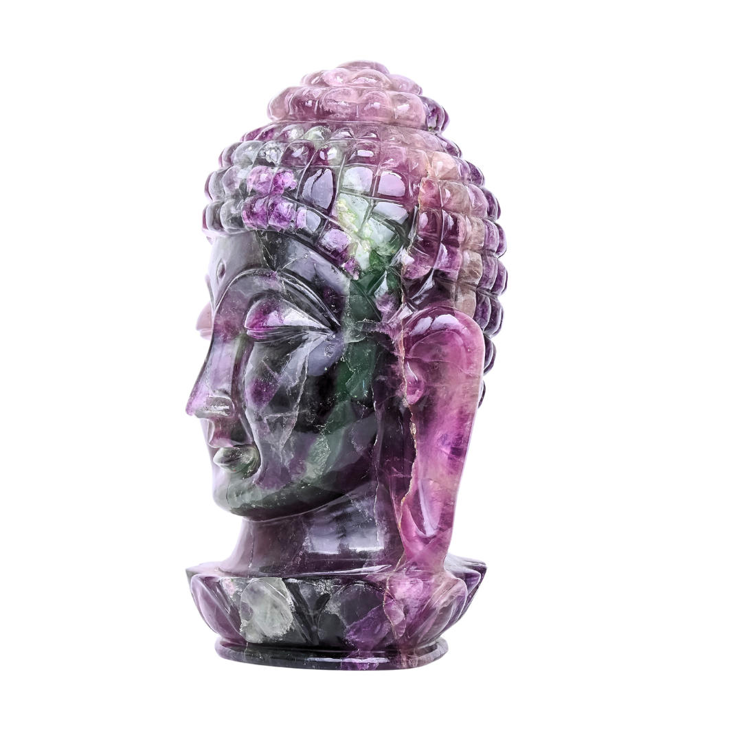 Eternal Serenity: Handcrafted Buddha Head Sculpture in Rare Purple Fluorite