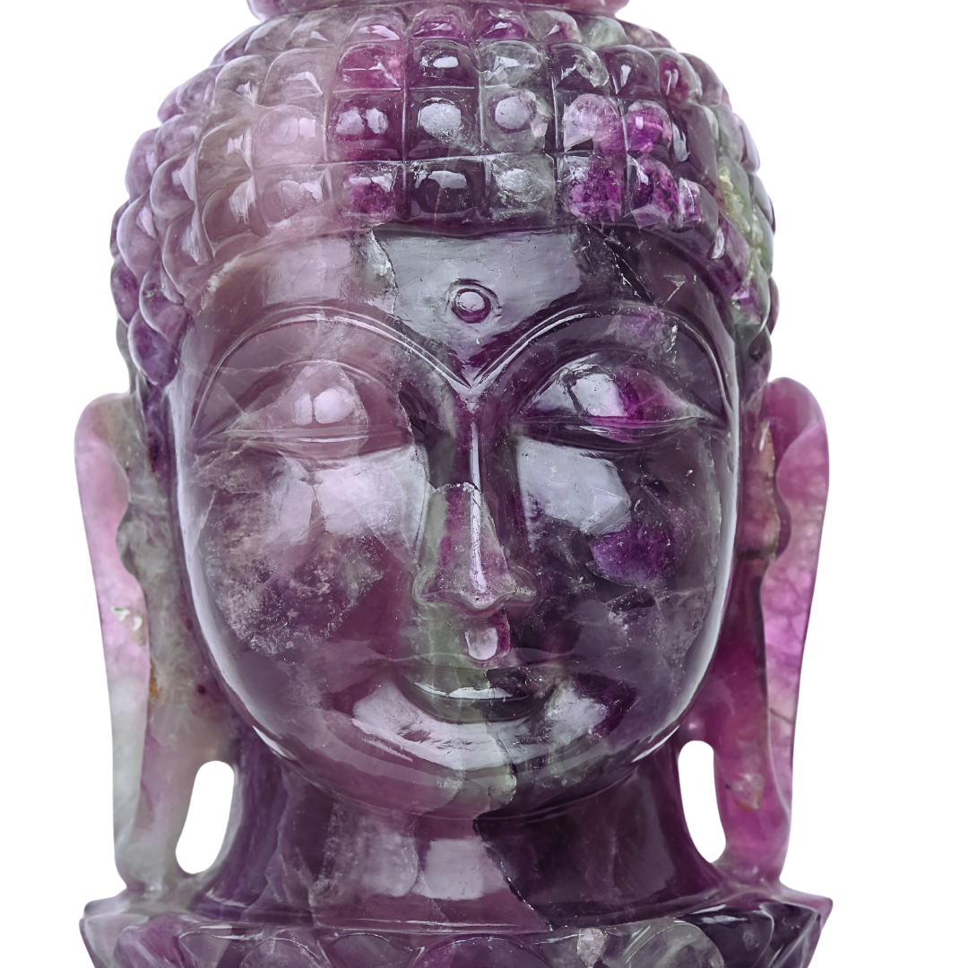 Eternal Serenity: Handcrafted Buddha Head Sculpture in Rare Purple Fluorite